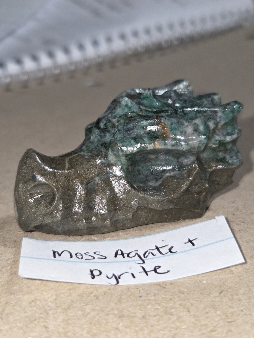 Detailed Moss Agate and Pyrite Crystal Carved Dragon Head Stone Sculpture Decor